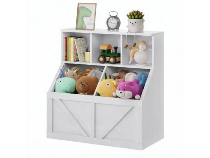 Hapterouse Kinderbücherregal, 5 Fächer, Spielzeugregal, Grau, 90x42x92 cm MDF und Spanplatte, 2 offene Boxen, kippsicher, viel Stauraum für Bücher, Spielzeug, Kuscheltiere, perfekt fürs Kinderzimmer