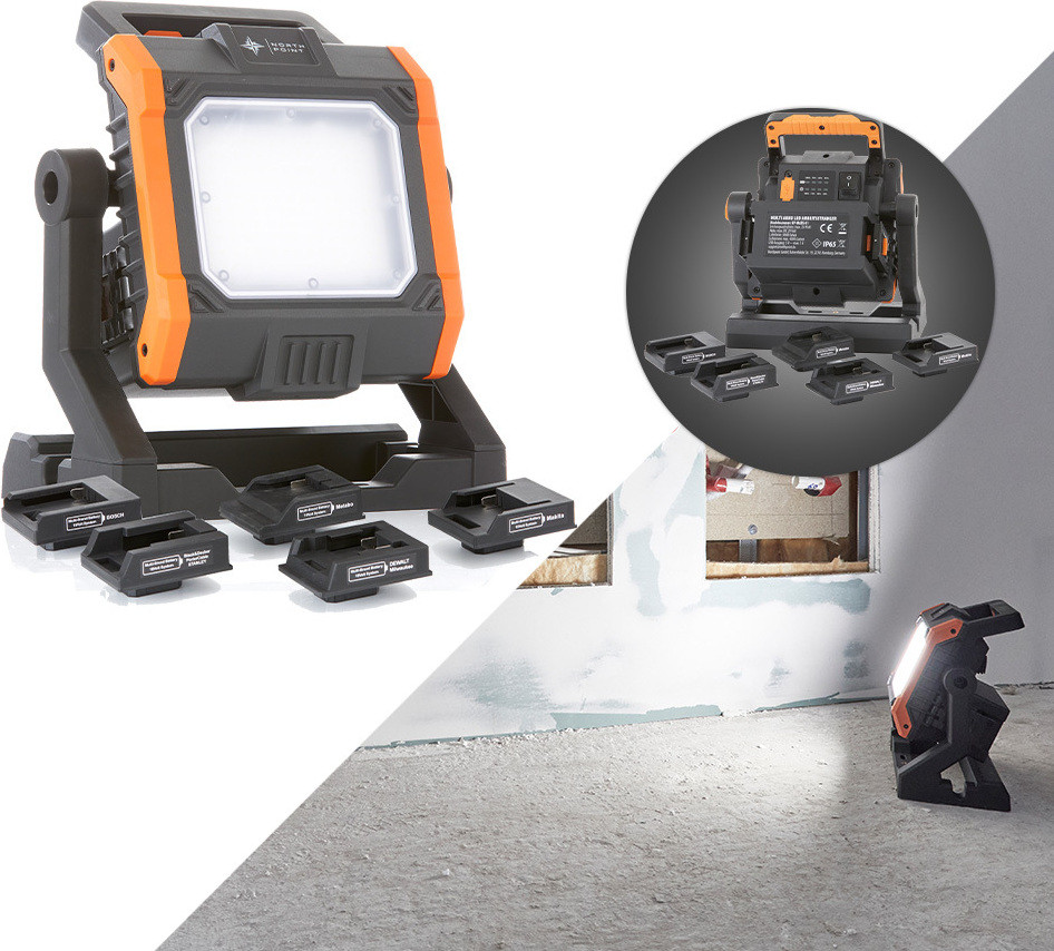 Northpoint Multi-accu LED bouwlamp, 35W, 4000 lumen, 5000K, IP65, dimbaar, compatibel met 8 accusystemen