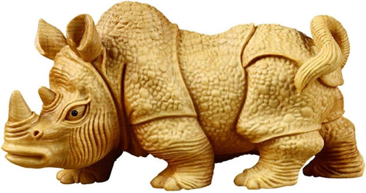 Handgesneden Neushoorn Beeldje van Natuurlijk Buxushout voor op Tafel