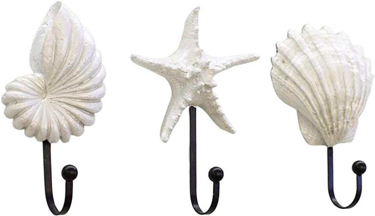 Set van 3 Wandhaken Schelp - Vintage Kledinghaken - Maritieme Decoratie - Wit Beige Bruin