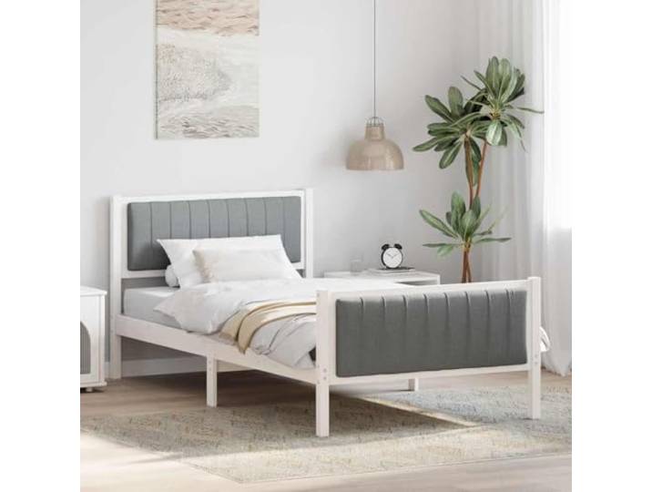 Massivholz Kiefer Plattformbett modern Schlafzimmer 100 x 200 cm Weiß Bettgestell Weiß und Hellgrau 100x200 cm Massivholz Kiefer Polsterbett mit Wandkopfteil Plattformbett Lattenrost inklusive