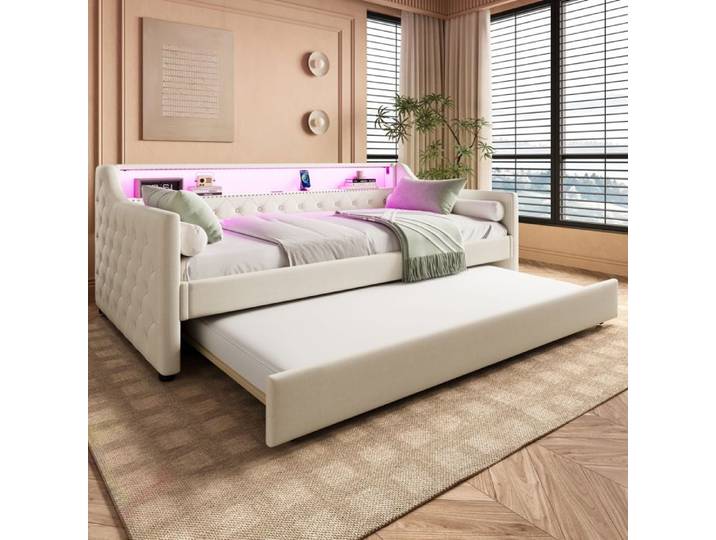 Canapé-lit 90x200 cm avec éclairage LED et USB lit simple avec sommier à lattes lit simple en lin beige