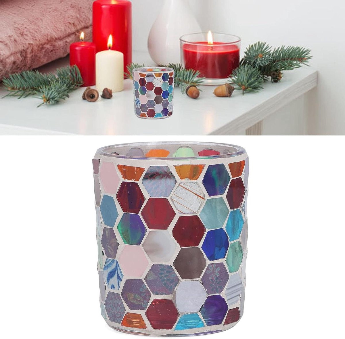 Handgemaakte kleurrijke mozaïek glazen votiefkandelaars voor tealights - 7,5 x 8,5 cm
