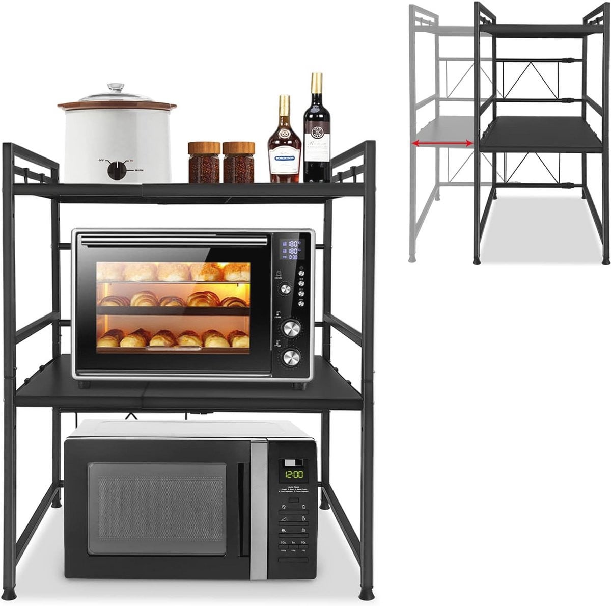 Uitbreidbaar Magnetronrek met 3-traps Opbergoplossing en Haken voor in de Keuken