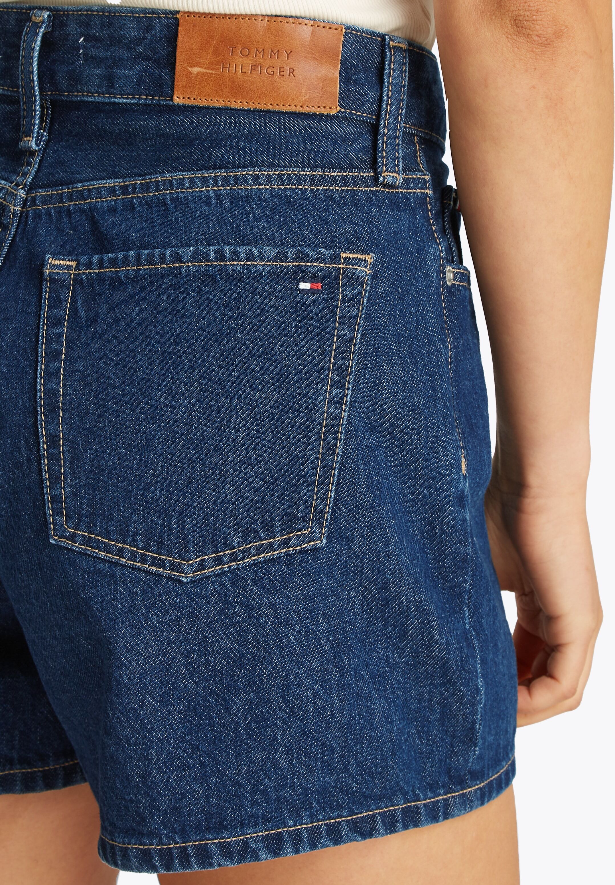 Shorts TOMMY HILFIGER "DNM MINI SHORT HW ACE", Damen, Gr. 25, N-Gr, blau (ace), Denim/Jeans, Obermaterial: 100% Baumwolle, unifarben, normal mini, Hosen Shorts, mit ausgestelltem Bein ace 25, N-Gr