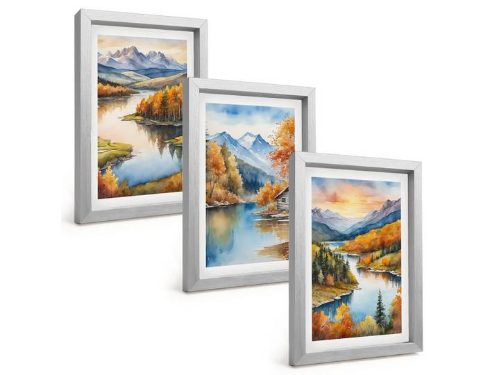BILDER SET 3er Set - 20x30 cm Silberner Rahmen - Herbstliche Berglandschaften