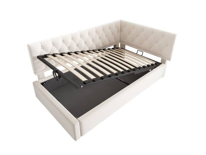 Lit banquette en polyester beige 90 x 190 cm avec rangement