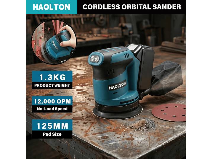 Ponceuse orbitale électrique HAOLTON 125 mm, 3 vitesses réglables, rechargeable, machine de polissage pour batterie Makita 18 V