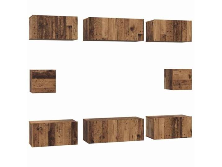 Roanoer TV-Schrankset Wandmontiert 8-teilig Lowboard Altholz-Optik Moderne Wandschrank-Kombination für Wohnzimmer und Schlafzimmer mit geschlossenen Klappen und offenen Fächern.