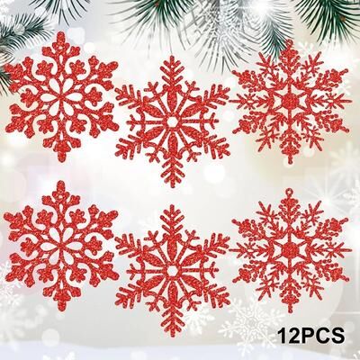 Lush Living Finds Pulp Plastics Paper Snowflake Ornaments, White Glitter Raw Decor, Christmas Venue Decoration red 12pcs