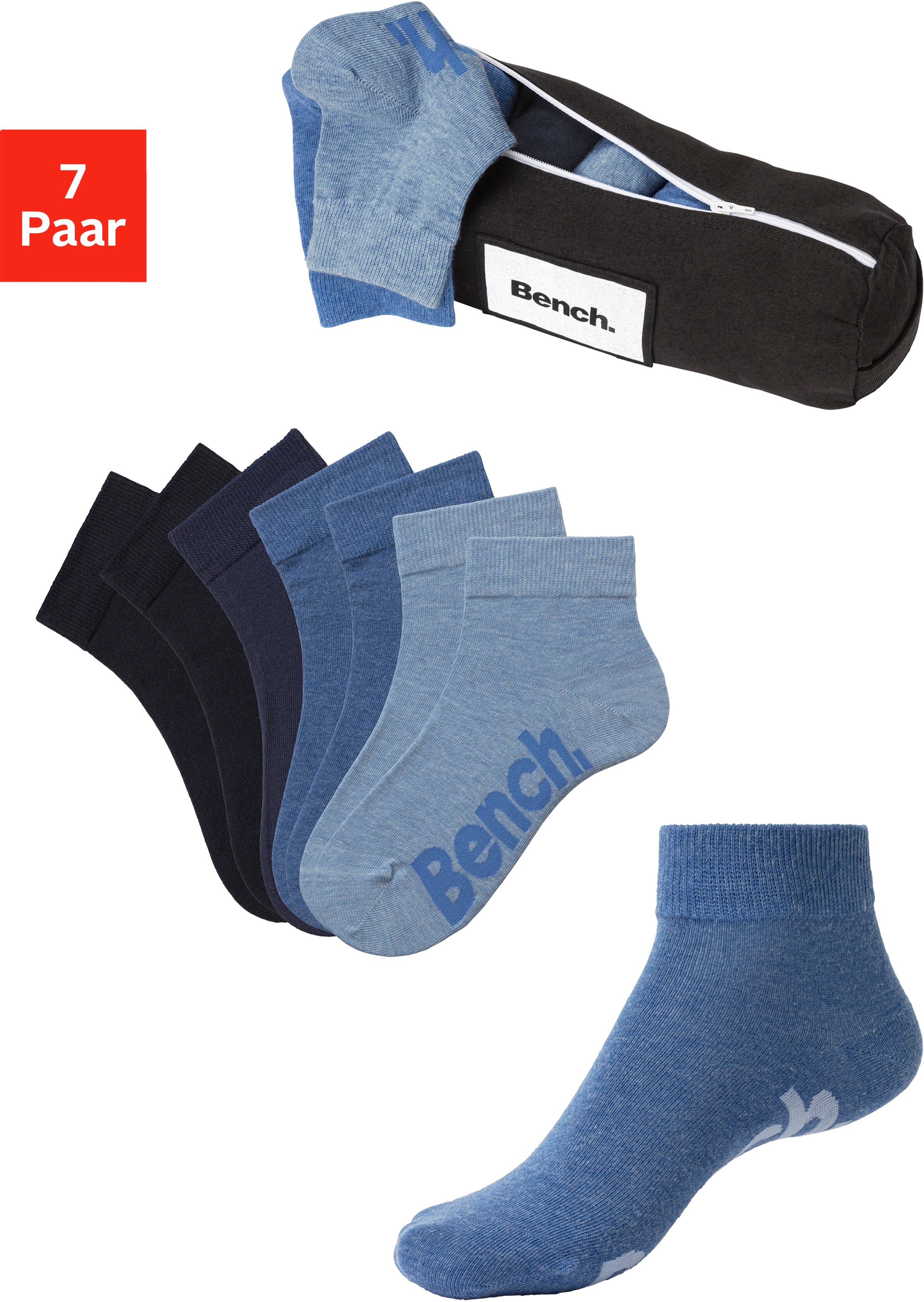 Kurzsocken BENCH. "Herren Kurzsocken, Halbhohe Basic Socken", Herren, Gr. 43-46, blau (2x marine, 1x dunkelblau, 2x jeansblau, meliert, 2x jeans, meliert), Baumwollmischung, uni und meliert, elastisch, Socken Kurzsocken, in ansprechendem Mäppchen mit Reis