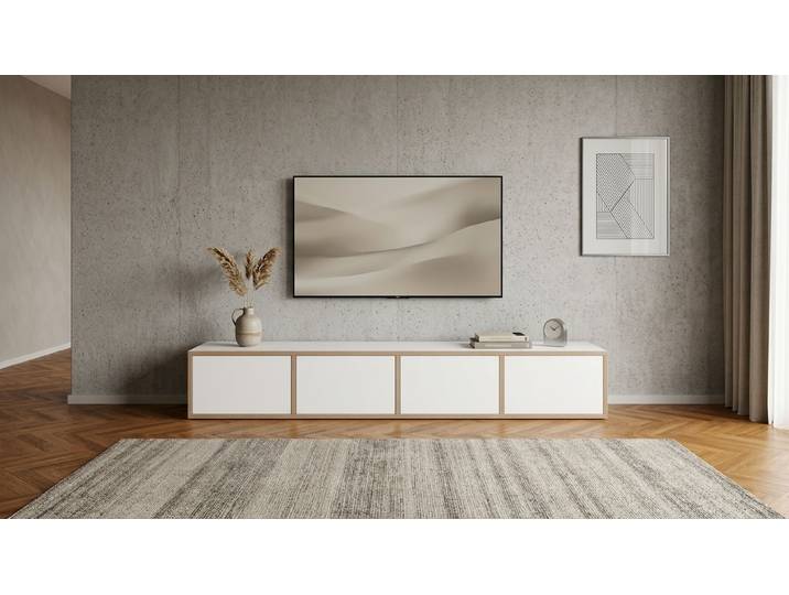 Meuble TV large sur mesure Contre­plaqué Contre­plaqué de bouleau blanc mat