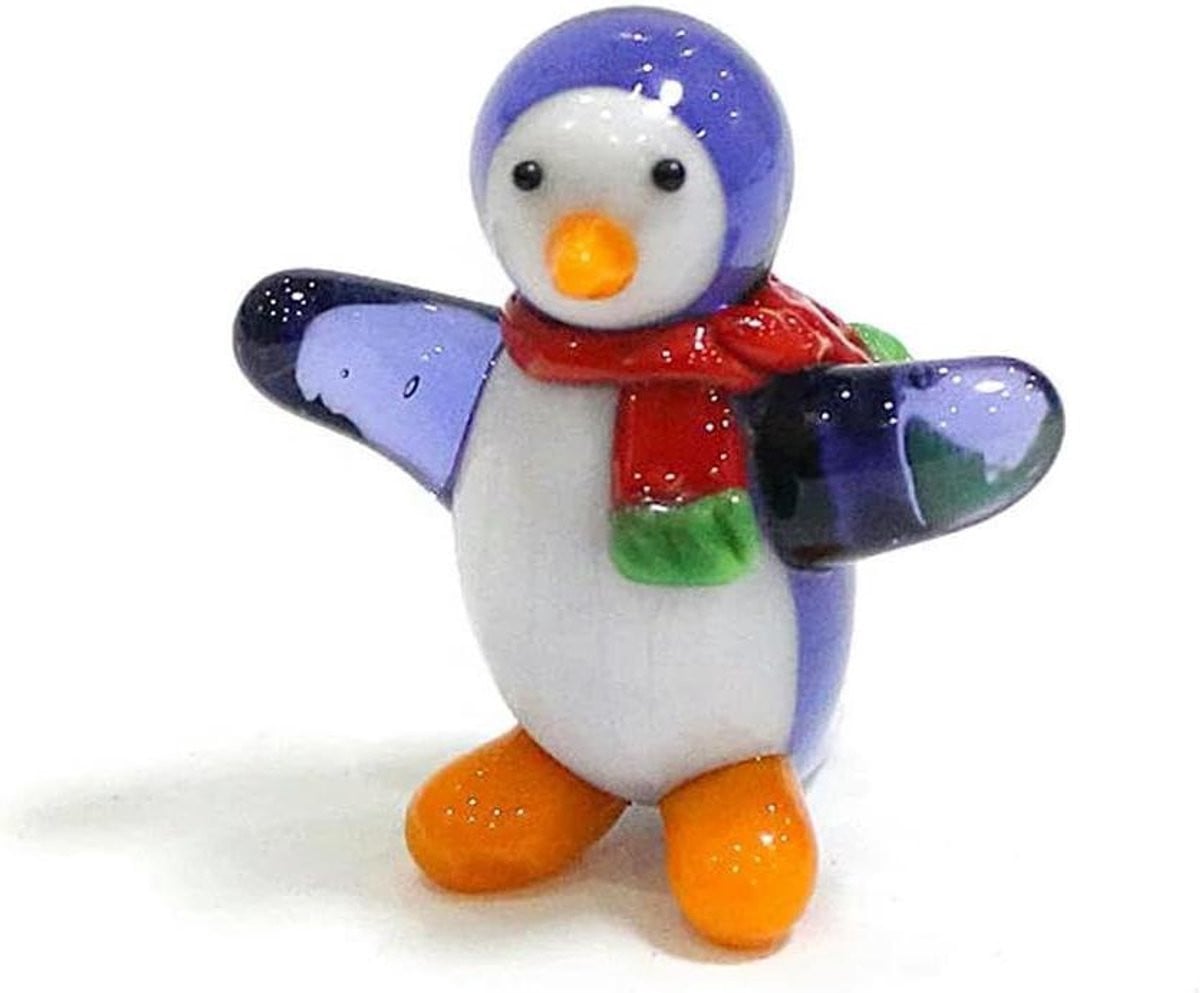 Glazen Pinguïn Figuur Blauw - Handgemaakte Miniatuur Decoratie - Hoogte: 4 cm
