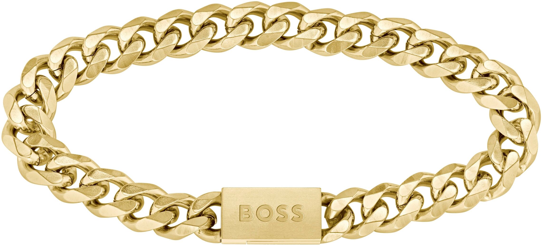 Armband BOSS "Schmuck Edelstahl Armschmuck Panzerkette CHAIN FOR HIM", gold (gelbgoldfarben), Armbänder, Damen, 20cm, Edelstahl, Armband gelbgoldfarben 20cm, Edelstahl