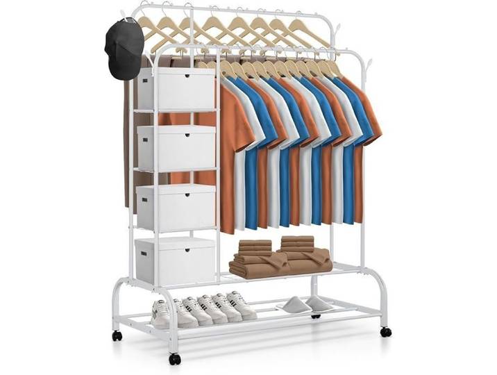 Portant à Vêtements Solide à Roulettes avec 4 Étagères Penderie Vetement Dressing sur Pieds Charge Avec Roulettes Blanc.