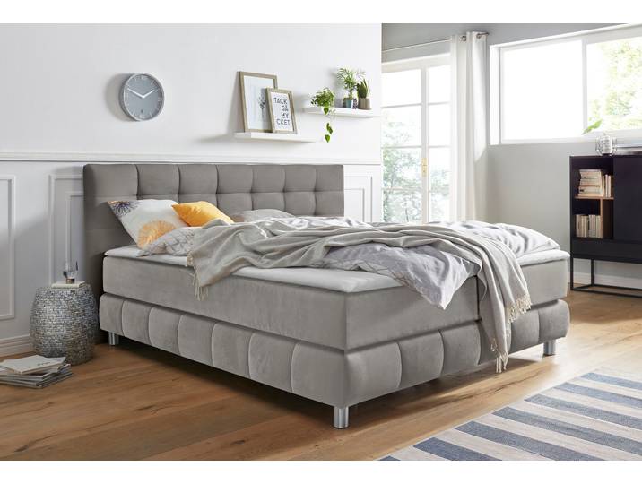 Boxspringbett, 100% Polyester, Hellgrau, 194×211 cm, Inkl. Topper, Skandinavisch, andas