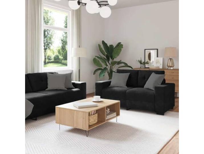 ZQQLVOO 2-teiliges Sofa-Set mit Kissen, Schwarzer Samt Weicher Samtstoff, Stabiler Holz-Metall-Rahmen, Breite Armlehnen, Gepolsterte Sitzflaeche, Vielseitig