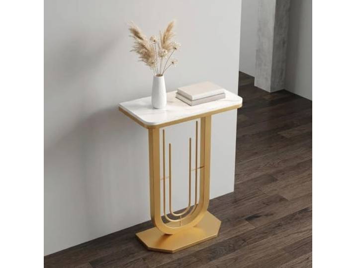 YTSJXN Moderner Konsolentisch schmal, Beistelltisch Flur, U-Gestell Metall Flurtisch Schmal, Moderne Sofatisch, Sintersteinplatte, Stabile Eisenrahmen, Platzsparendes U-Design(Gold,40X30X75CM)