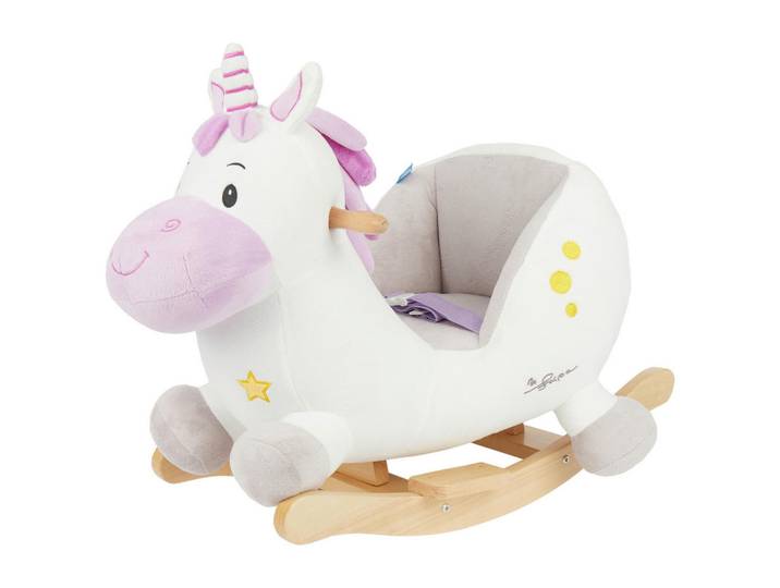 Schaukeltier Einhorn Hörnchen, Lila, Naturfarben, Weiß, Holz, 60x58x33 cm, unisex, Fußstützen, Haltegriffe, gepolsterte Sitzfläche, Gurtsystem, Spielzeug, Schaukeltiere