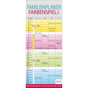 Korsch Familienplaner 240627, Farbenspiel, Jahr 2027, 1 Monat auf 1 Seite, mit 4 Spalten, 19 x 46cm