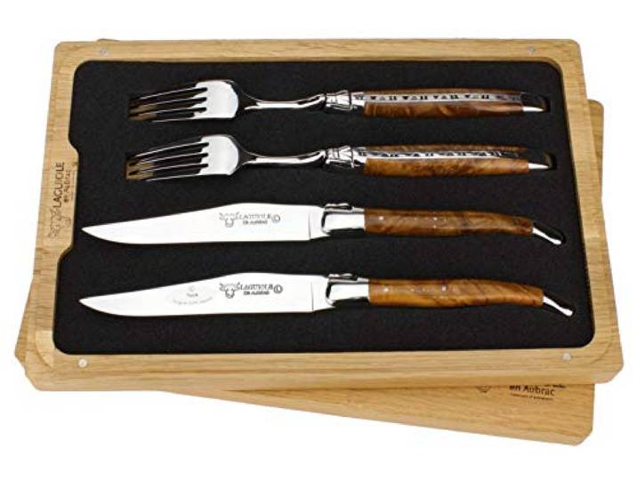 Laguiole en Aubrac - 2 Steakmesser und 2 Gabel Besteck-Set - Griff Teak Maserholz - Original Frankreich mit Zertifikat
