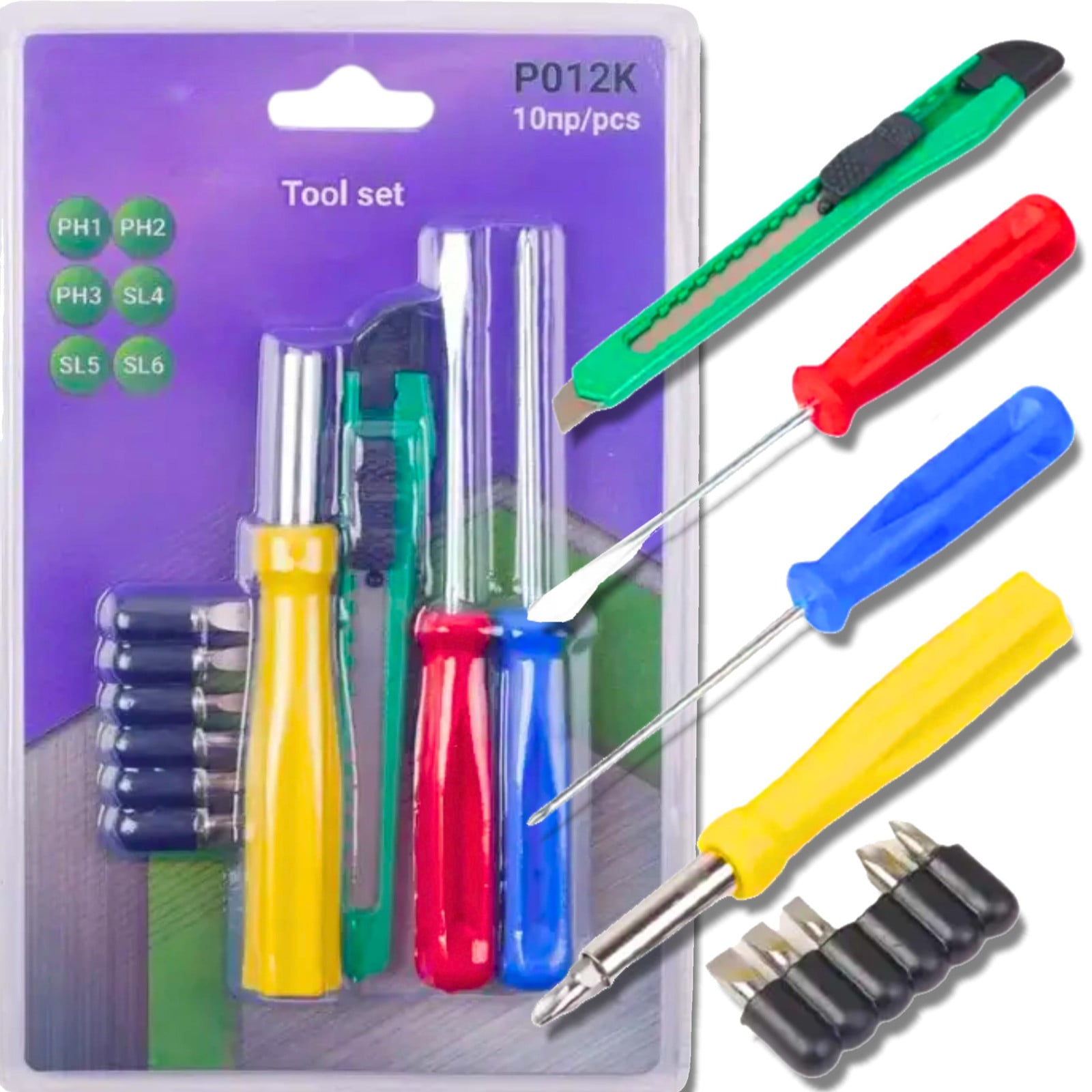 10-delige multicolor gereedschapset met bits, schroevendraaiers en afbreekmes