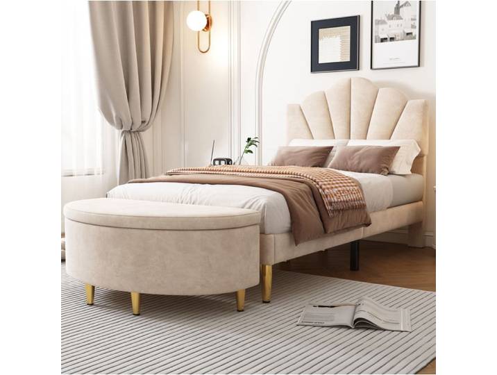 Banquette coffre beige 90 x 40 x 42 cm rangement velours pieds en métal banquette rembourrée