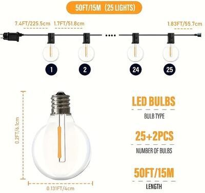 Uplift Essentials Weatherproof G40 Globe LED String Lights Vintage Outdoor Garden Garland 15m 25lights