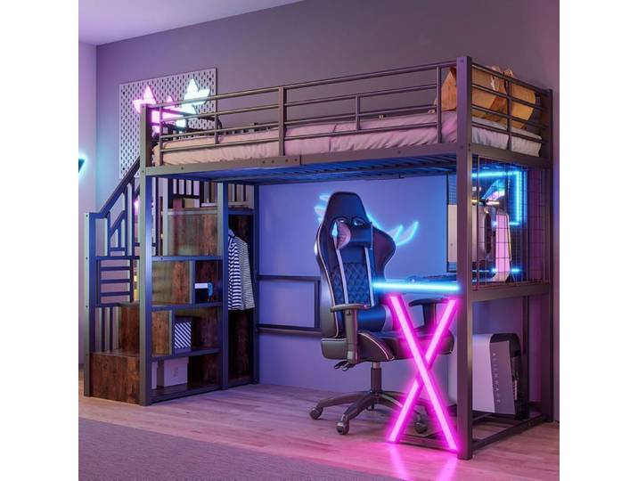 Lit Mezzanine - SOGEU - lit simple - 90x200 cm - Bureau LED intégré - Armoire & escalier rangement