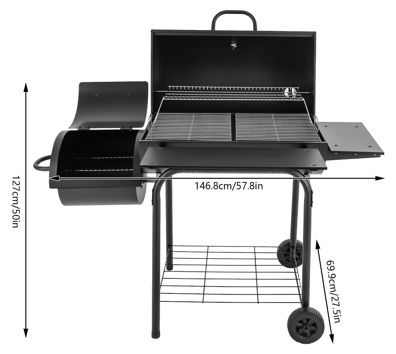 Holzkohlegrill, freistehend - Schwarz - Große Grillfläche - Metall - Mit Deckel und Rädern