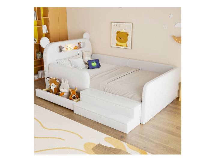 STILVORA Polsterbett 90x200 Kinderbett mit Bären-Kopfteil Nachtlicht Stufensitz Weiß (Jugendbett mit USB-Ladeanschluss, mit integriertem Stauraum für Jungen und Mädchen), Kunstlederbezug, Komfort und Funktionalität