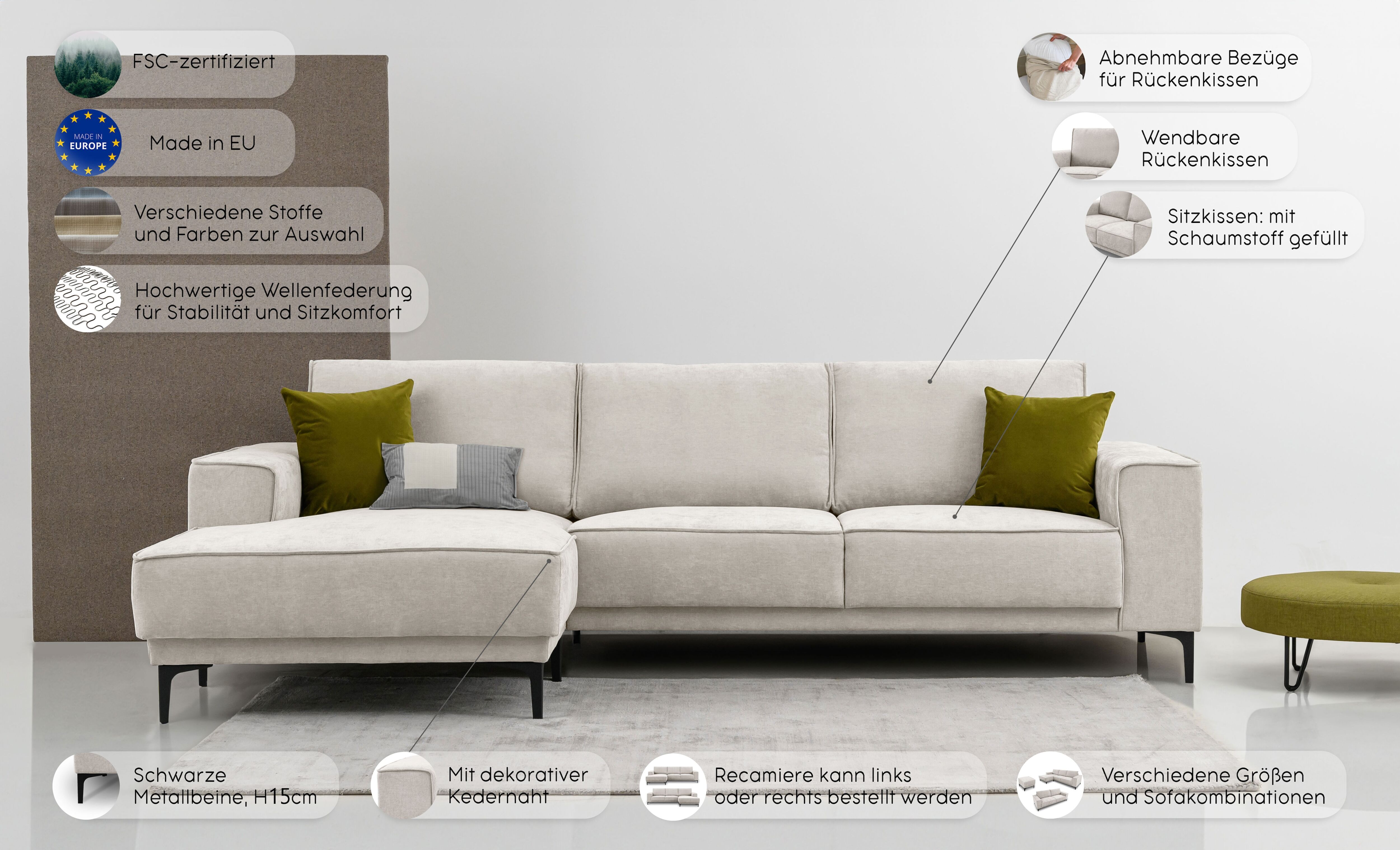 Ecksofa GOODPRODUCT "OLAND Flachgewebe L-Form, B: 280 cm, Skandi-Design", grau (anthrazit), B:280cm H:85cm T:152cm, 100% Polyester, Sofas, Ecksofa, L-Form, 280 cm, Wellenunterfederung, Skandi-Design, Metallfüsse anthrazit B/H/T: 280cm x 85cm x 152cm, Flac