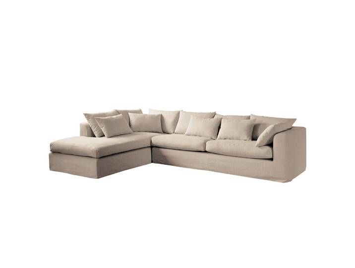 Ecksofa Breves Beige/Beige Flachgewebe 299 x 90 x 213cm Ottomane davorstehend links Glamour