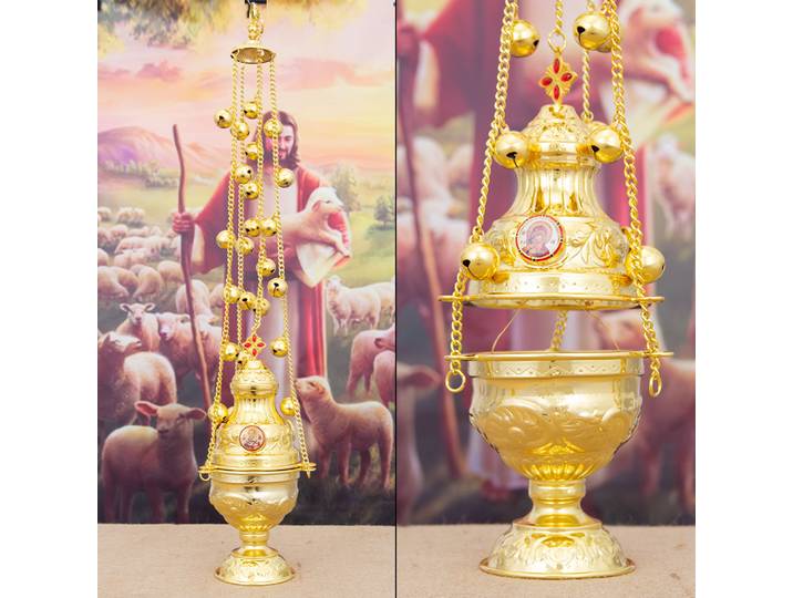 Encensoir orthodoxe plaqué or HTISOK avec chaînes à cloche, liturgique orthodoxe oriental, pouvantible pour les rituels religieux, encensoir d'église