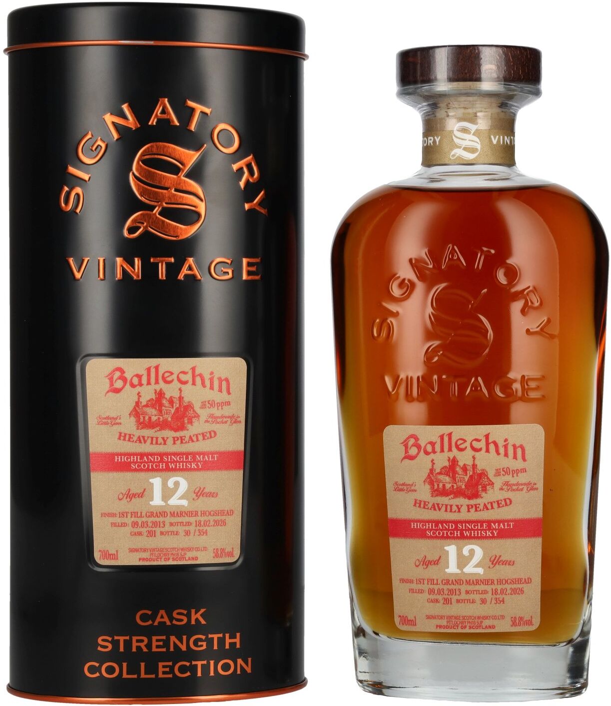 Signatory Vintage BALLECHIN 12 Years Old Cask Strength 1st Fill Grand Marnier #201 2013 58,8% Vol. 0,7l in Tinbox