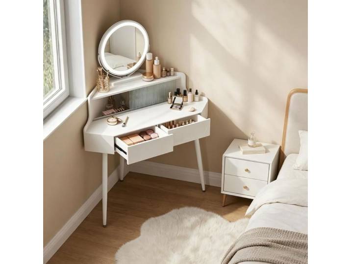 ELVORIN Coiffeuse d'angle avec miroir rond 63 x 99 x 139 cm 2 tiroirs blanc