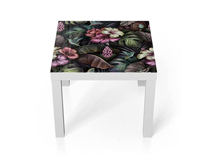 DEQORI Glastisch weiß klein 55x55 cm Motiv Blüten, Blätter und Vögel ausgefallener Beistelltisch aus Glas Hochglanz Couchtisch fürs Wohnzimmer moderner Couch Tisch mit Design