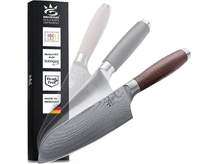 SOLINGEN PREMIUM MYII Santoku Messer/Damastmesser Scharfes Profi Küchenmesser, made in Germany, eisgehärteter Damaststahl VG10 mit ergonomischem Nussbaum - Holzgriff…