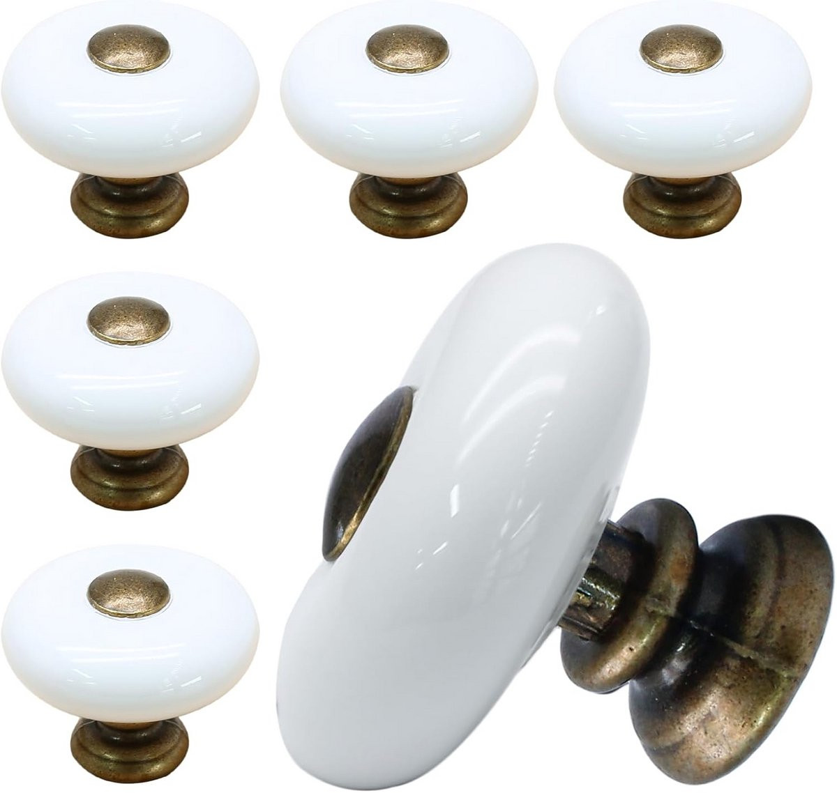 6x Ronde Witte Keramische Kastknoppen met Antiek Bronzen Accent - Vintage Meubelbeslag