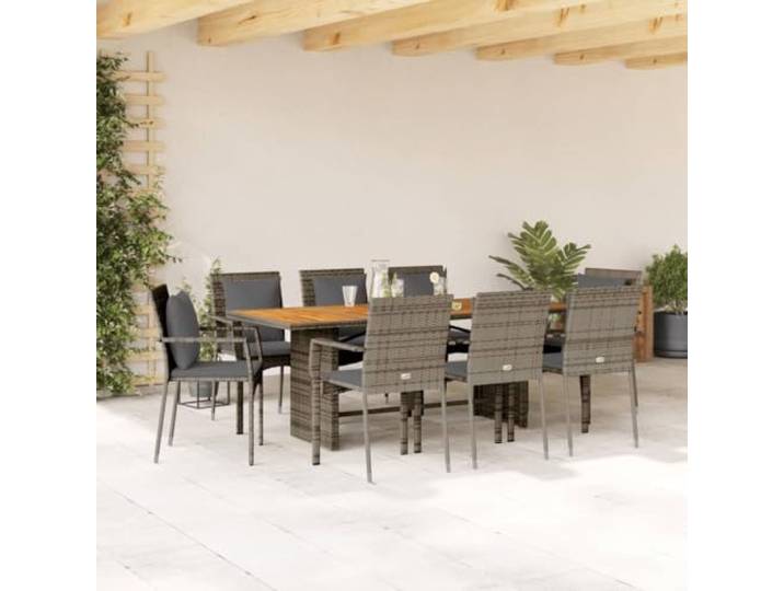 HEFZGDB 9-TLG. Garten-Essgruppe mit Kissen Grau Poly Rattan, Outdoor Esstischgruppe mit Akazienholz Tischplatte und Pulverbeschichtung, Wetterfeste Gartenmöbel für Terrasse,