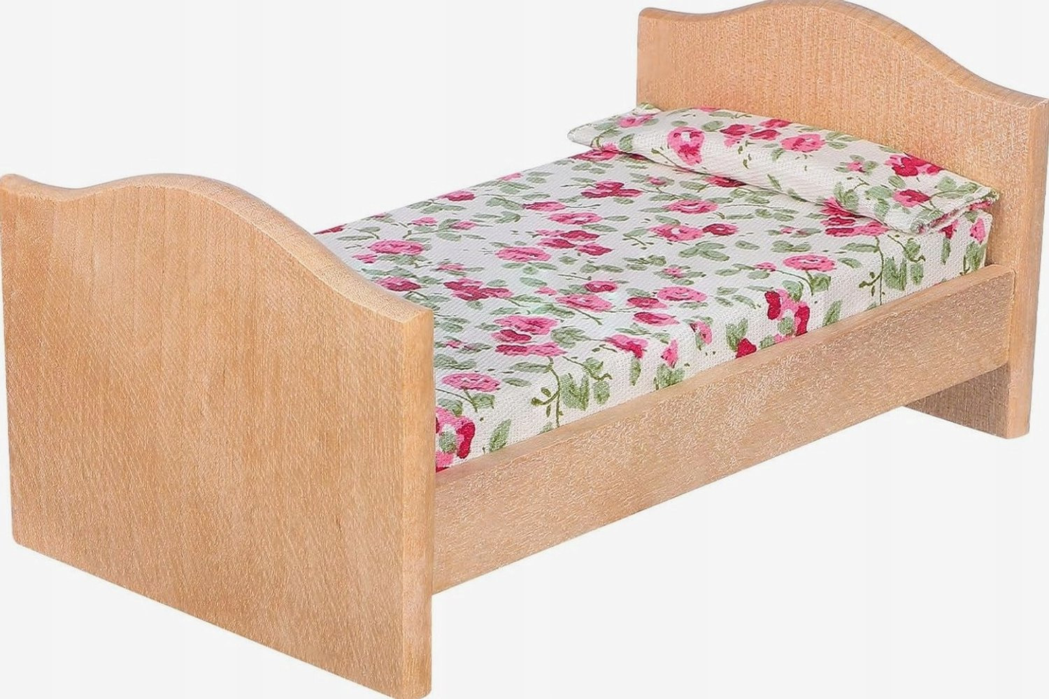Miniatuur Houten Poppenhuis Bedje met Rozen Beddengoed