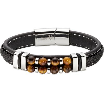 Lederarmband BRUNO BANANI "Armband mit Tigerauge (synth.) braungelb (Farbabweichungen möglich)", schwarz (edelstahlfarben, schwarz, braun, braun), Armbänder, Damen, 21cm, Edelstahl Leder, Edelstahl, Leder, Lederarmband, mit Tigerauge (synth.)