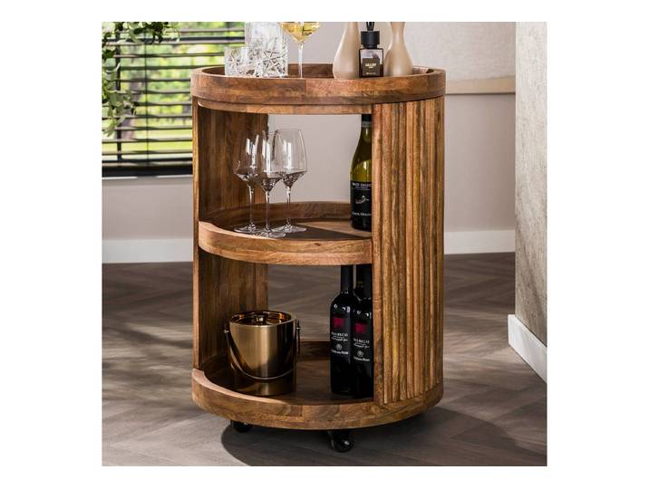 alesvelt Servierwagen WAVE ELEGANCE Runder Barwagen aus Mangoholz mit Lamellen-Design, 55x79cm