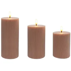 Relaxdays LED Kerzen, 3er Set, 3 Größen, flackernde Flamme, Echtwachs, mit Rillen, flammenlose Elektrokerzen, altrosa