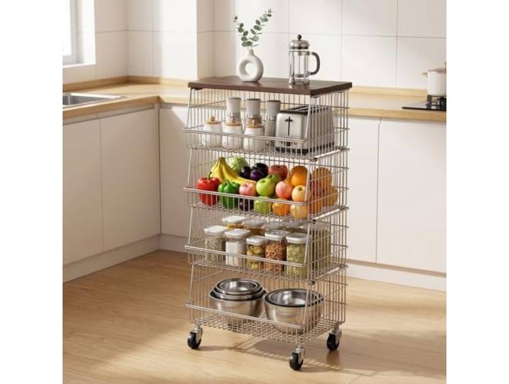 Rollregal Edelstahl Für Küche & Vorrat, Rollwagen Mit Rädern, Etagenregal Rostfreier Edelstahl, 360° Bewegliche Räder, Platzsparendes Design, Offene Netzgitter(4Tiers,NoWoodTop)