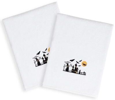Authentic Hotel and Spa Halloween Embroidered Haunted House on White Turkish Cotton Hand Towels (Set of 2)