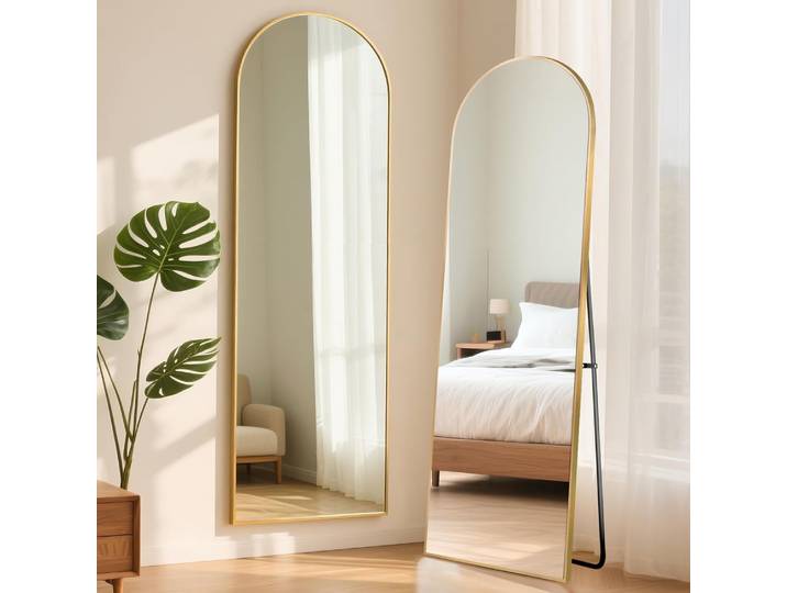 Miroir autoportant sol/mur 150x50cm, miroir arqué pleine longueur avec cadre en aluminium pour chambre à coucher, salon et couloir