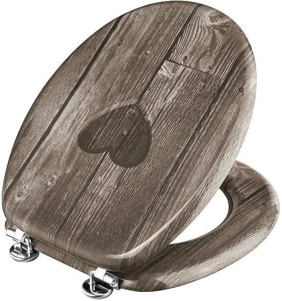 Unyqoos toiletbril met hartvormig design, ovaal, MDF-houtvezel en roestvrijstalen scharnieren