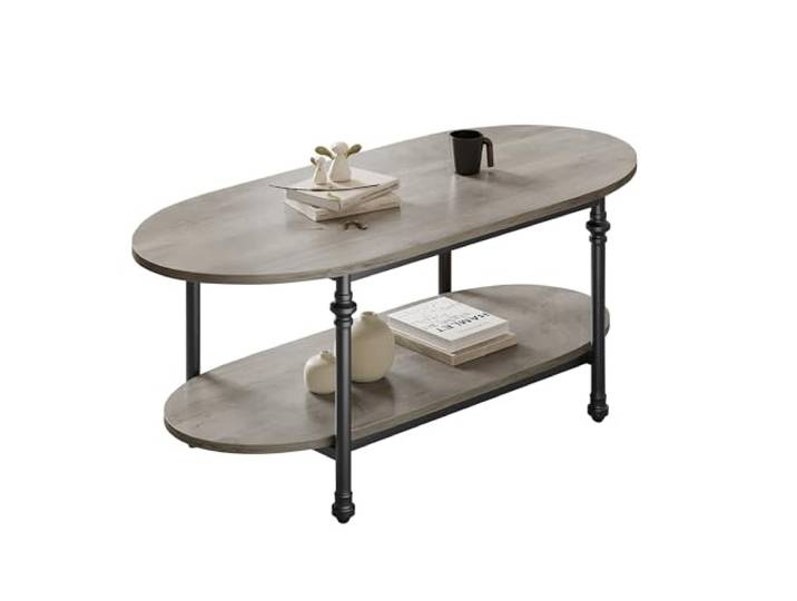 Garvee Couchtisch Oval Grau, 2 Ebenen Kaffeetisch mit Ablage, Wohnzimmertisch mit Römischen Säulen Metallbeinen, Vintage Sofatisch für Wohnzimmer & Büro, Stabil & Pflegeleicht, 120x54x43,5 cm
