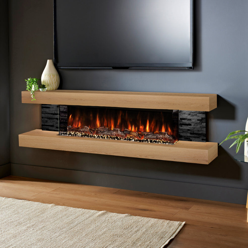 Evolution Fires Vegas 72-Inch Wall Mounted Electric Fireplace   Fully Assembled   3-Sided Panoramic Flame   Remote Control   LED Side Lights Oak